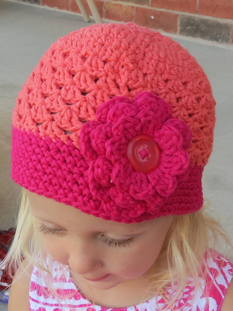 Strawberry Pink And Dark Peach Crochet Hat With Flower